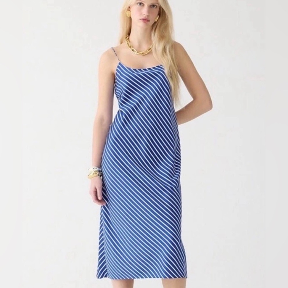 J. Crew $118 Gwenyth Slip Tank Dress Blue White Nautical Stripes Patriotic Satin